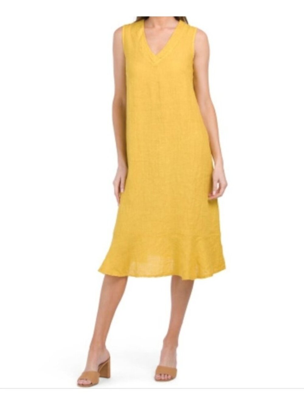 FRANCESCA BETTINI V Neck Ruffle Hem Linen Midi Dress Sz M Mustard Made in Italy